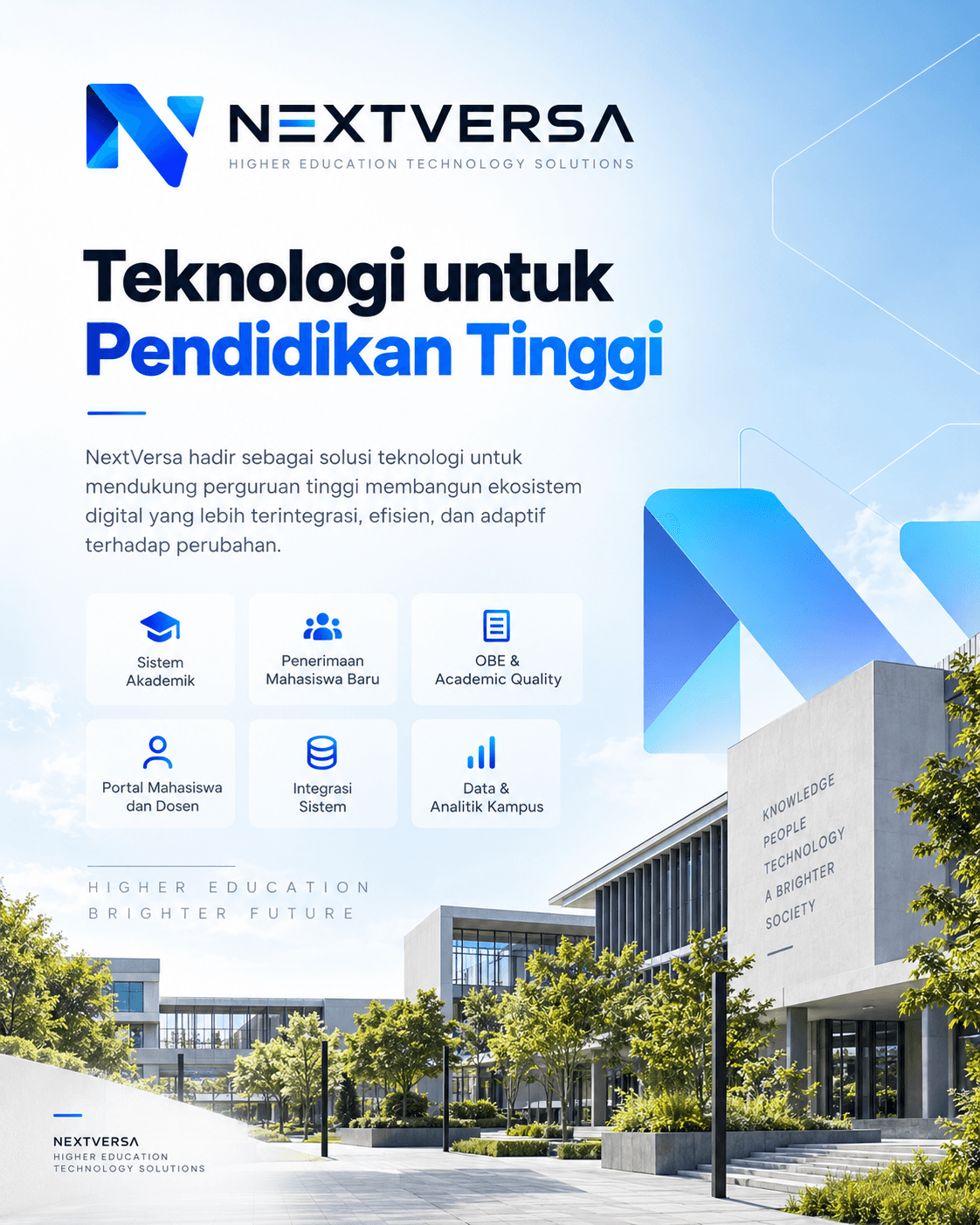 NEXTVERSA poster — Technology for Higher Education: academic systems, admissions, OBE, student and lecturer portals, system integration, and campus data